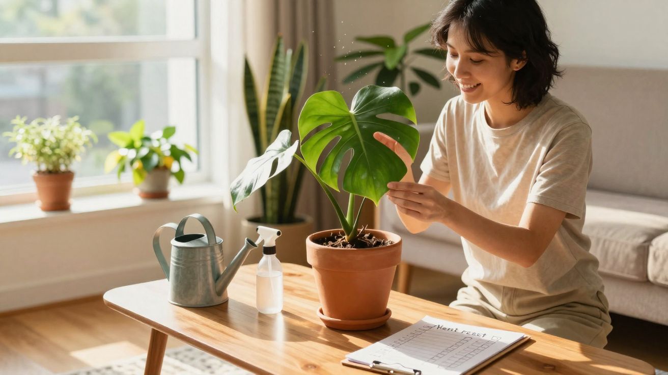 Pessoa sorrindo cuidando de planta Monstera em vaso sobre mesa de madeira em sala iluminada.