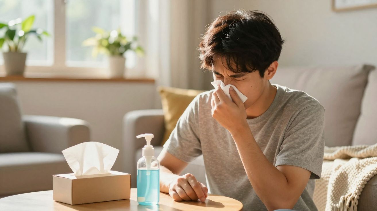 Jovem sentado no sofá, usando lenço para assoar o nariz, com álcool em gel e caixa de lenços à frente.