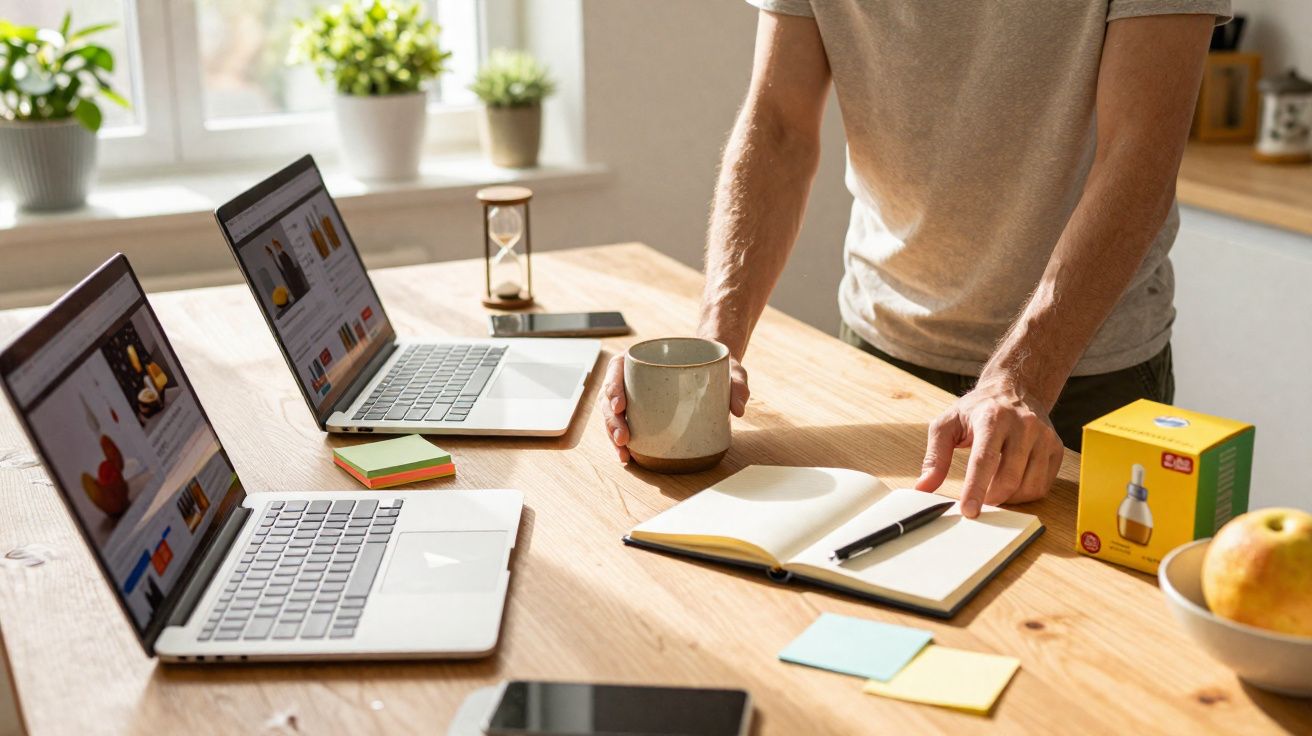 Pessoa em pé com caneca e anotando em caderno, ao lado de dois notebooks e objetos sobre mesa de madeira.