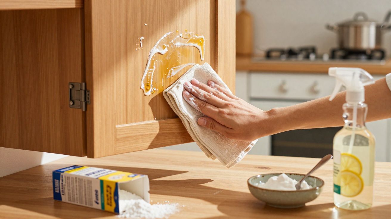 Pessoa limpando armário de madeira com pano e bicarbonato de sódio na cozinha.