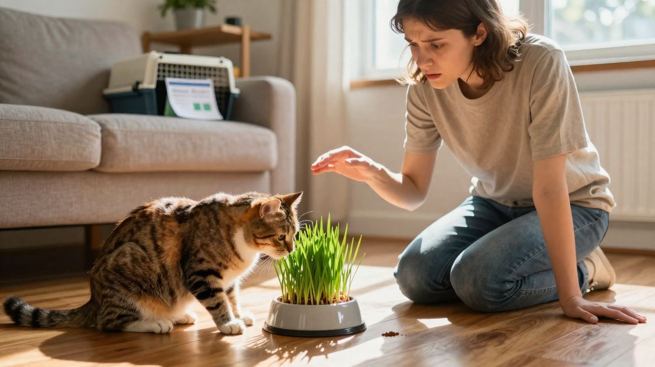 Mulher ajoelhada em casa oferecendo grama para gato curioso em ambiente iluminado pelo sol.