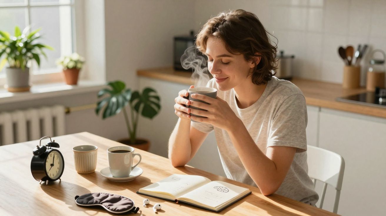 Mulher sentada à mesa na cozinha bebendo café quente com caderno, despertador e máscara de dormir ao redor.