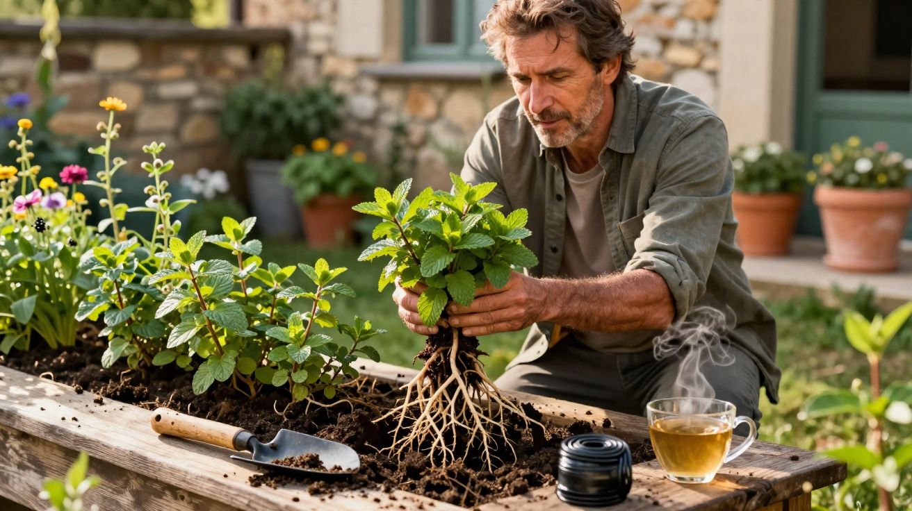 Homem cuidando de planta com raízes à mostra em jardim, ao lado de xícara de chá quente e pá.