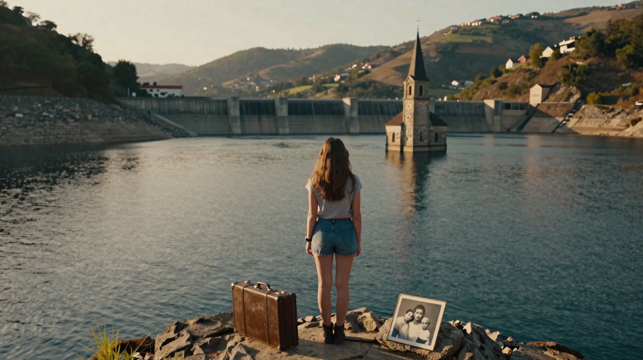 Mulher de costas olhando para igreja submersa em represa, com mala e foto antiga ao lado.
