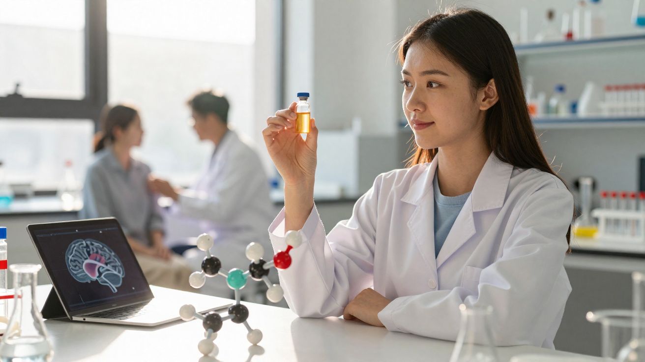 Mulher cientista analisando líquido em tubo de ensaio em laboratório com modelo molecular e tela com imagem de cérebro.
