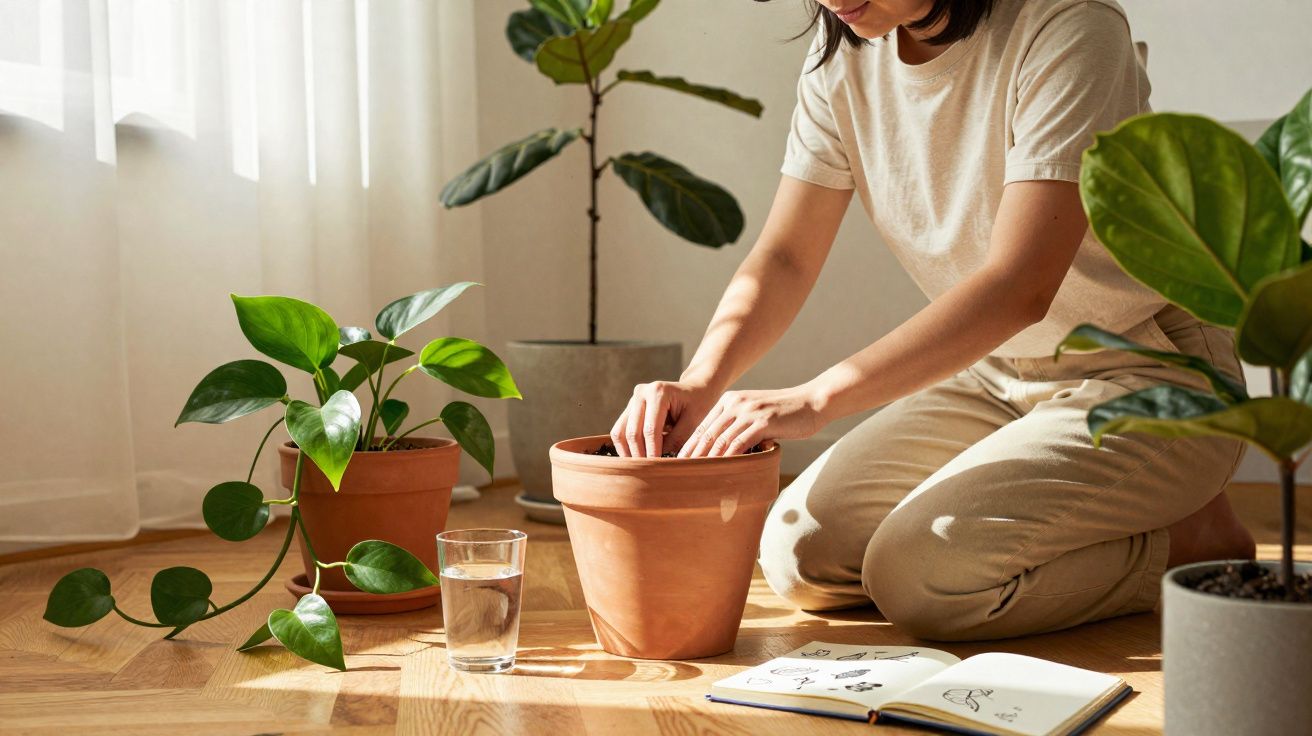Pessoa plantando muda em vaso de cerâmica dentro de casa, com plantas e livro aberto ao redor.