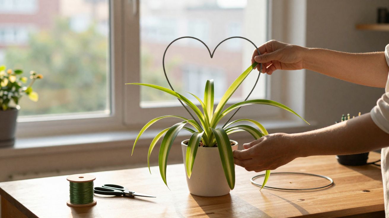 Pessoa moldando arame em formato de coração atrás de planta verde em vaso branco sobre mesa de madeira.