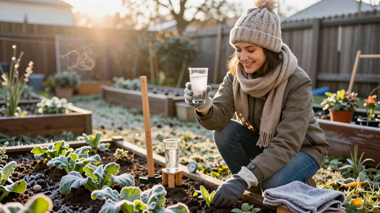 Mulher sorrindo cuida de plantas em horta com roupas de frio em manhã ensolarada.