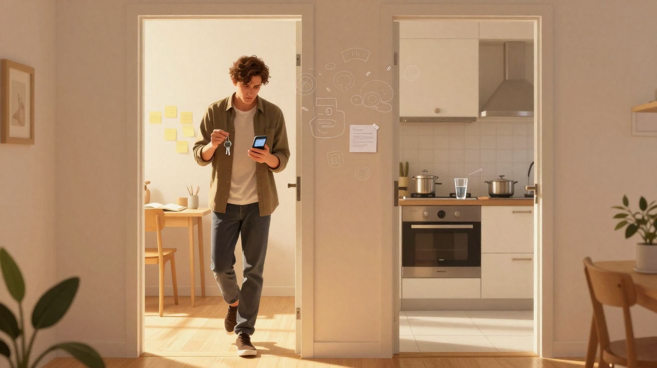 Homem jovem segurando chave e celular entrando em sala iluminada ao lado de cozinha moderna.