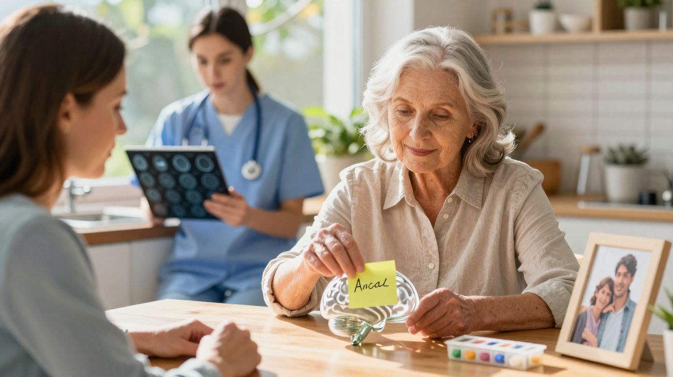 Mulher idosa em consulta, segurando nota com palavra "Amcal", jovem e profissional de saúde ao fundo.