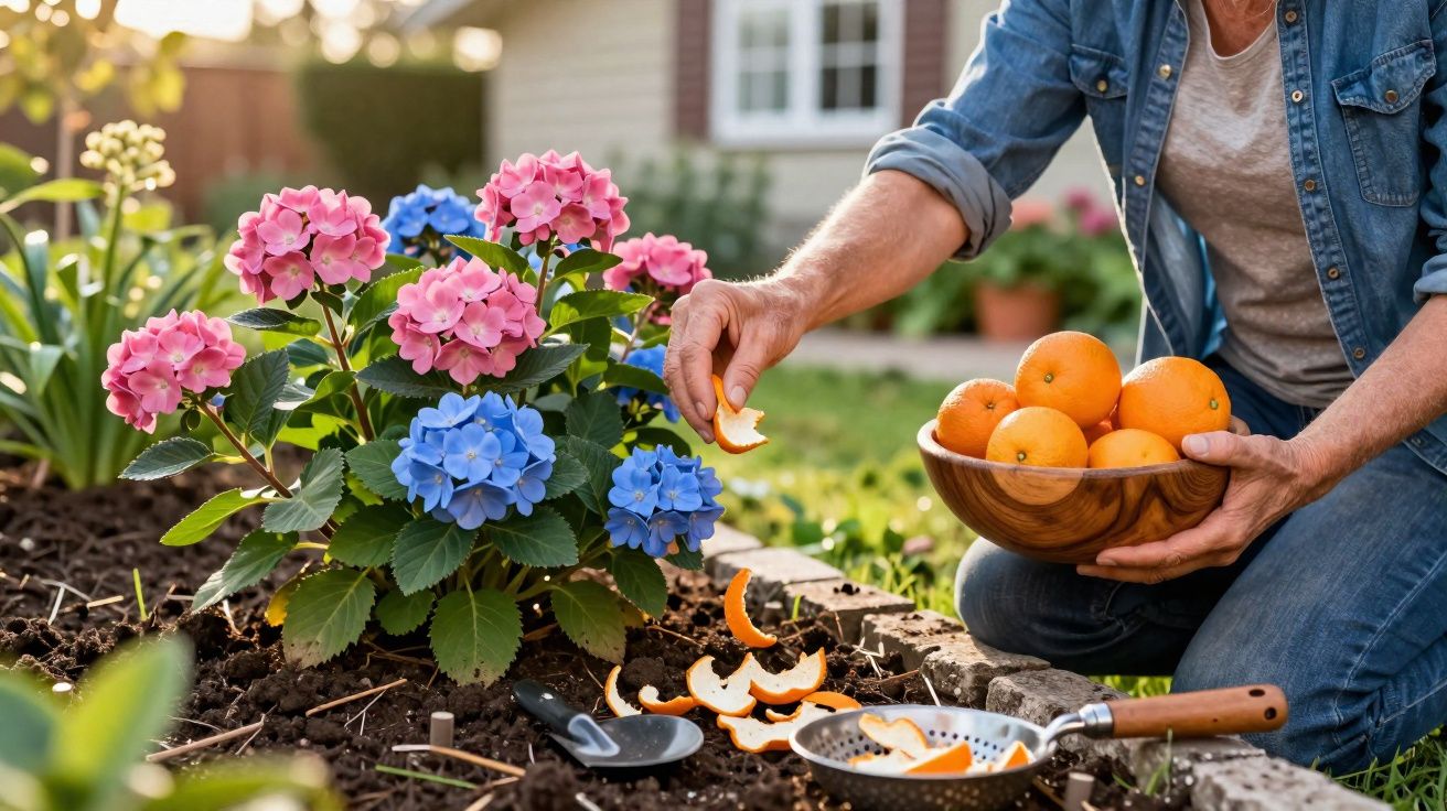 Pessoa alimentando flores com cascas de laranja em jardim, cercada por flores rosas e azuis.