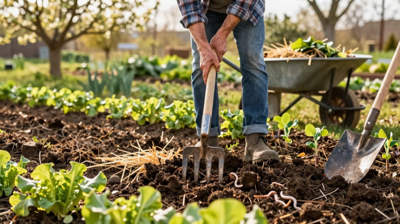 Pessoa trabalhando com enxada em horta, com carrinho de mão e minhocas visíveis no solo fértil.