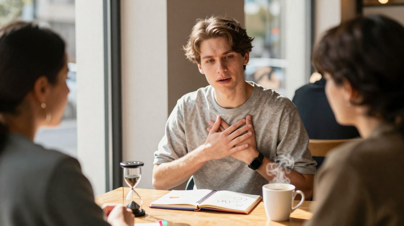 Jovem conversa com duas pessoas em cafeteria, gesticulando com as mãos sobre o peito.