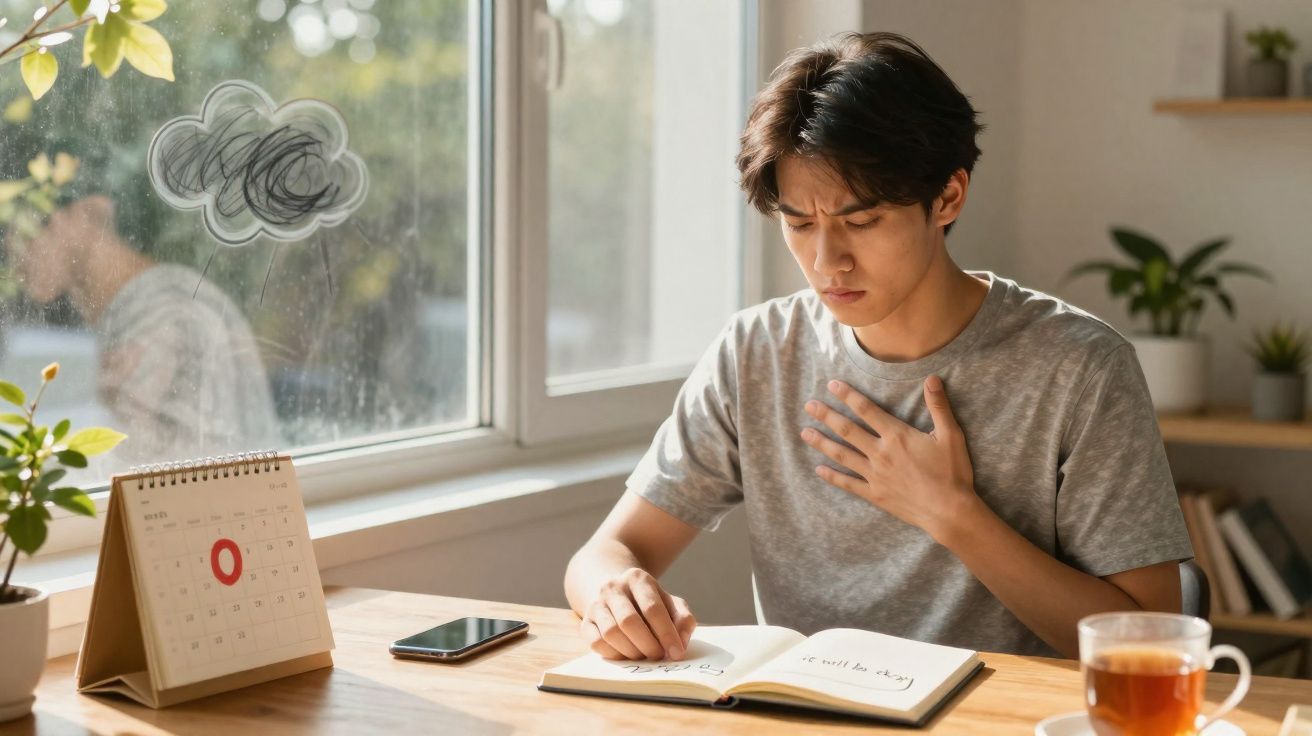 Jovem preocupado lendo diário, com mão no peito e calendário marcando dia zero ao lado.