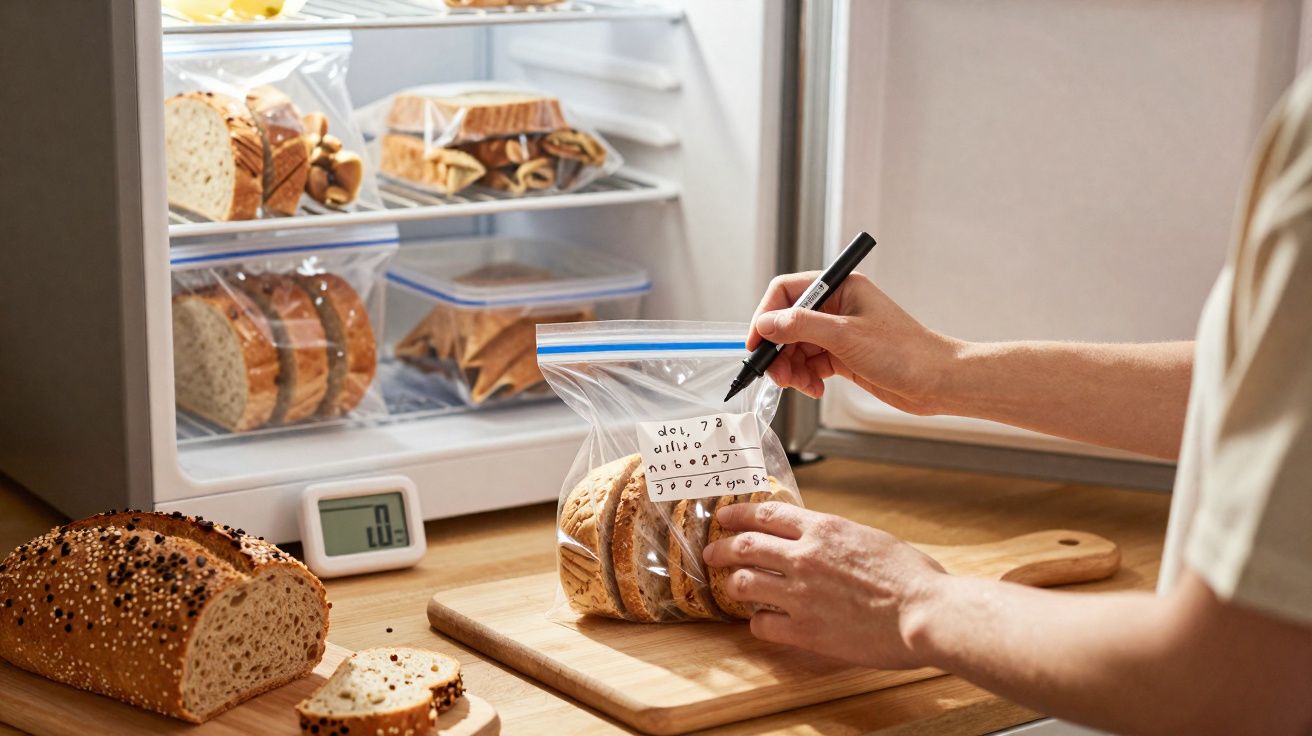 Pessoa etiquetando sacos plásticos com fatias de pão para armazenar em geladeira organizada.
