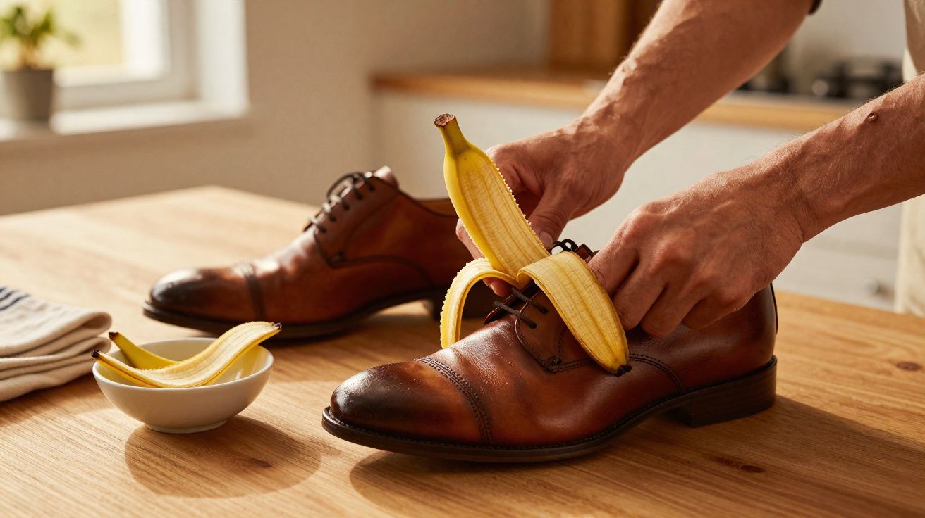 Pessoa colocando uma banana descascada dentro de sapato social marrom sobre mesa de madeira.