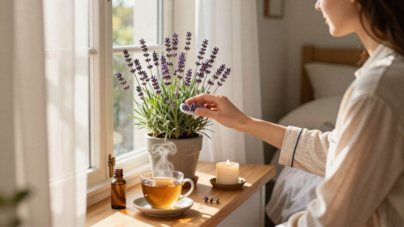 Pessoa tocando flores de lavanda em um vaso ao lado de chá quente e vela acesa na janela.