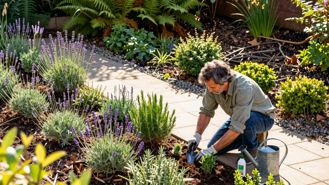 Homem cuidando de plantas em jardim florido com caminho de pedras ao fundo em dia ensolarado.