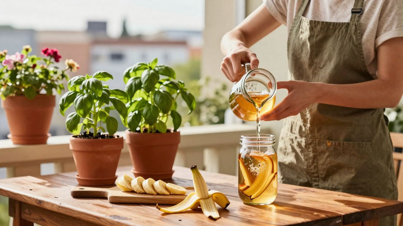 Pessoa despejando chá em copo com fatias de banana em mesa de madeira com planta ao fundo.