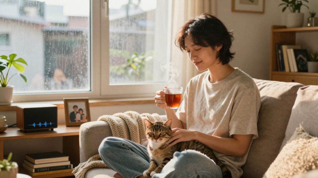 Mulher sentada no sofá acariciando gato e segurando xícara de chá perto da janela iluminada.