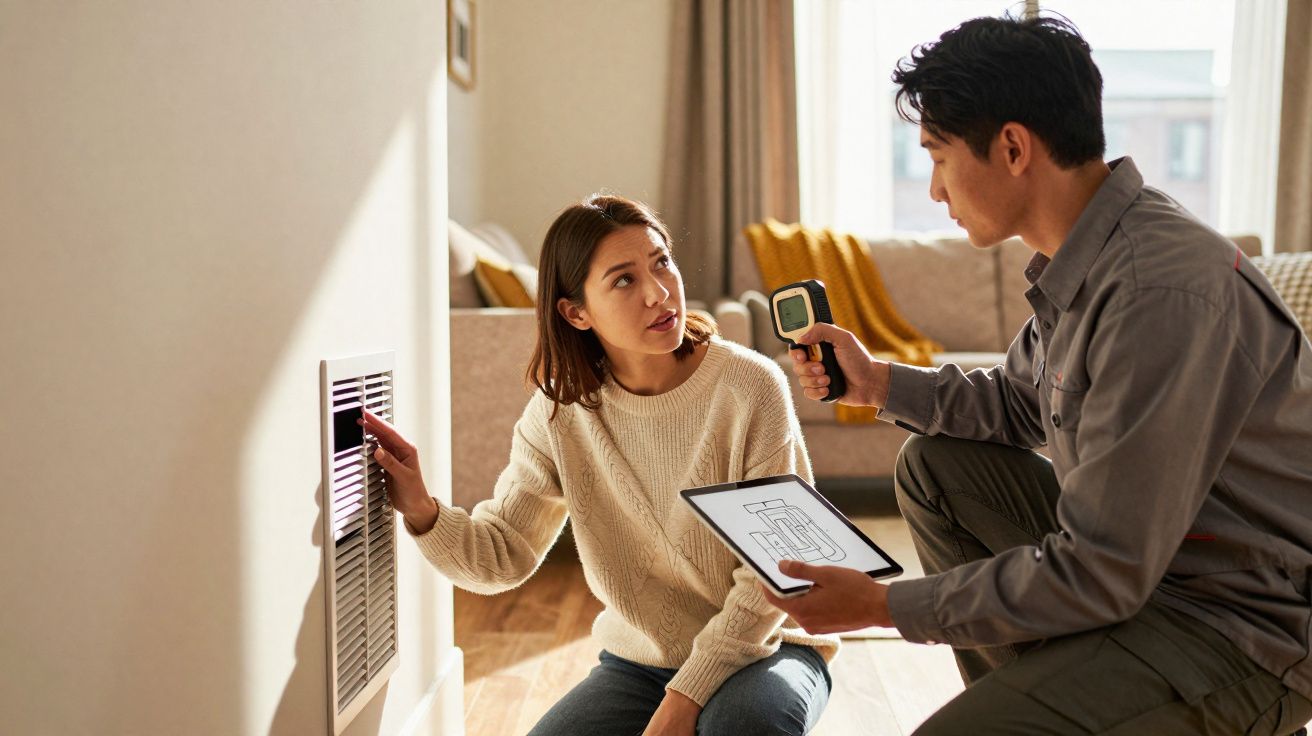 Técnico medindo temperatura de saída de ar enquanto mulher observa aquecedor de parede em casa.