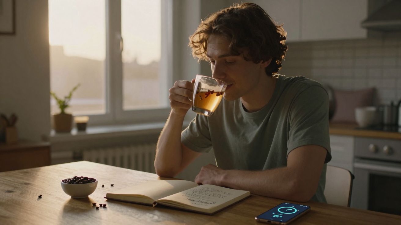 Homem sentado à mesa lendo livro e bebendo chá em copo transparente na cozinha iluminada.