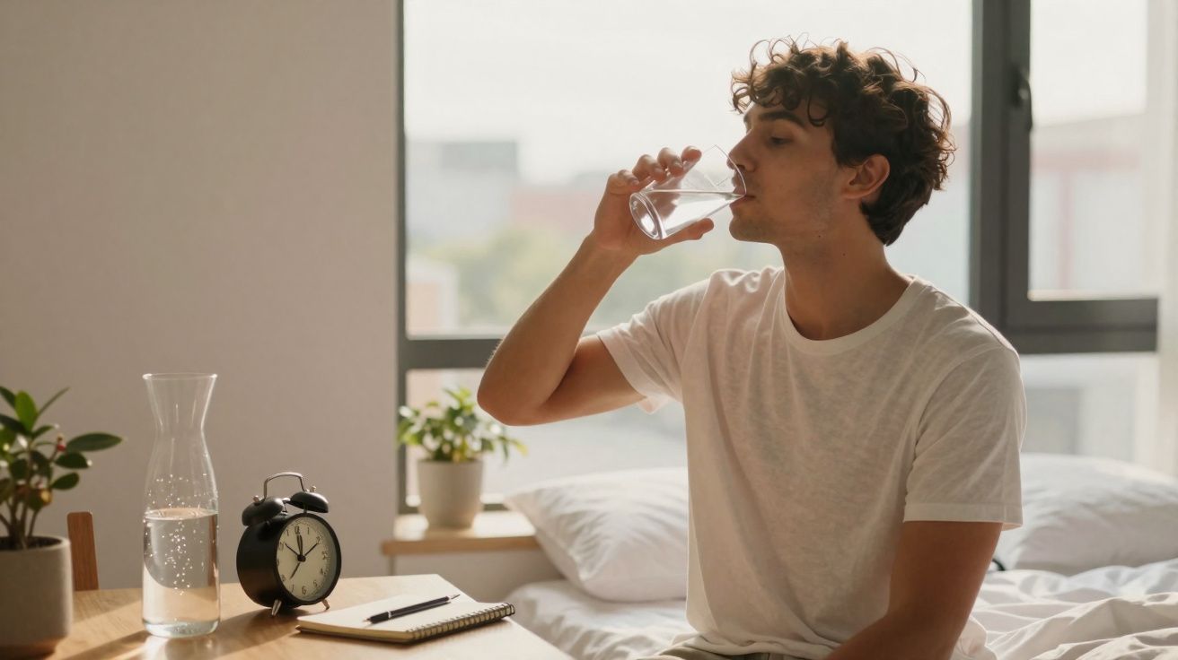 Homem sentado na cama, bebendo água em copo transparente próximo a despertador, caderno e plantas.