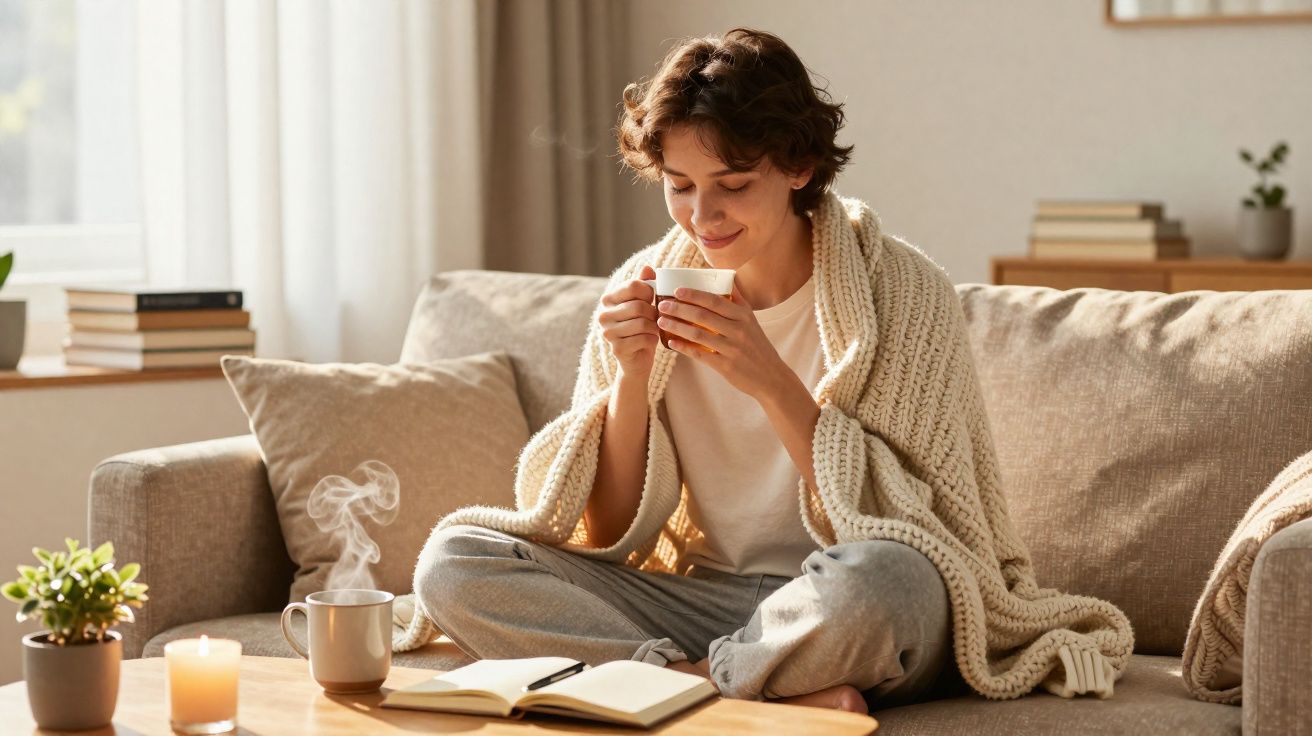 Mulher sentada no sofá enrolada em cobertor, segurando xícara quente e sorrindo calmamente.
