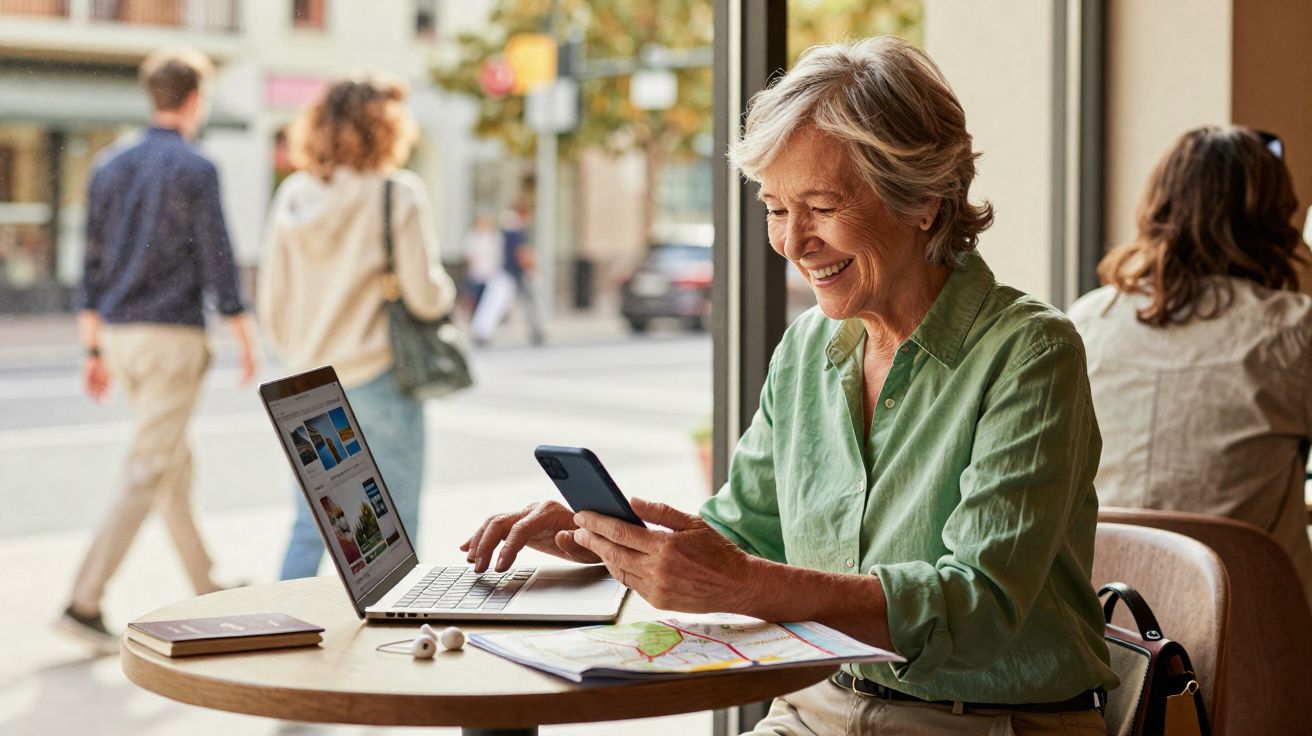 Mulher sorridente usando celular e notebook em café, com mapa e fones na mesa, ao lado de janela.