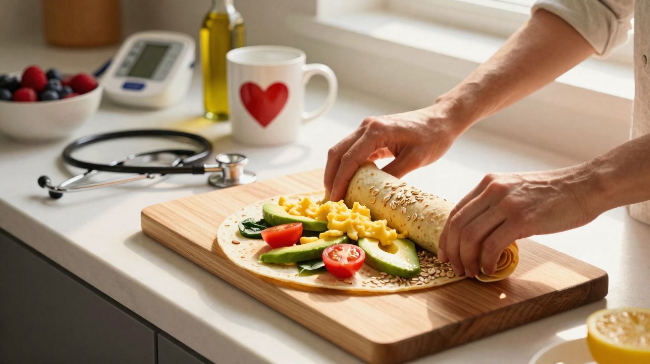 Mãos preparando wrap com abacate, tomate e folhas verdes em tábua de madeira na cozinha iluminada.