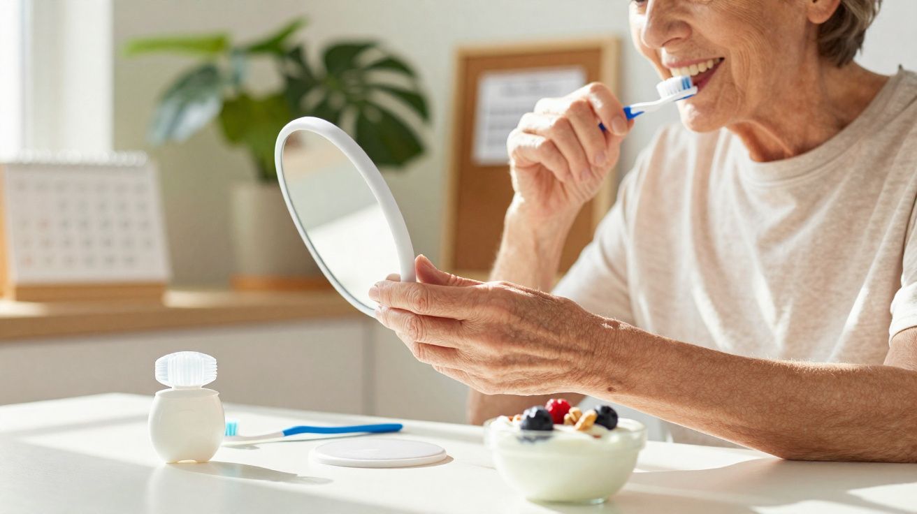 Pessoa idosa escovando os dentes em frente a um espelho, com pote de creme dental e tigela de iogurte na mesa.