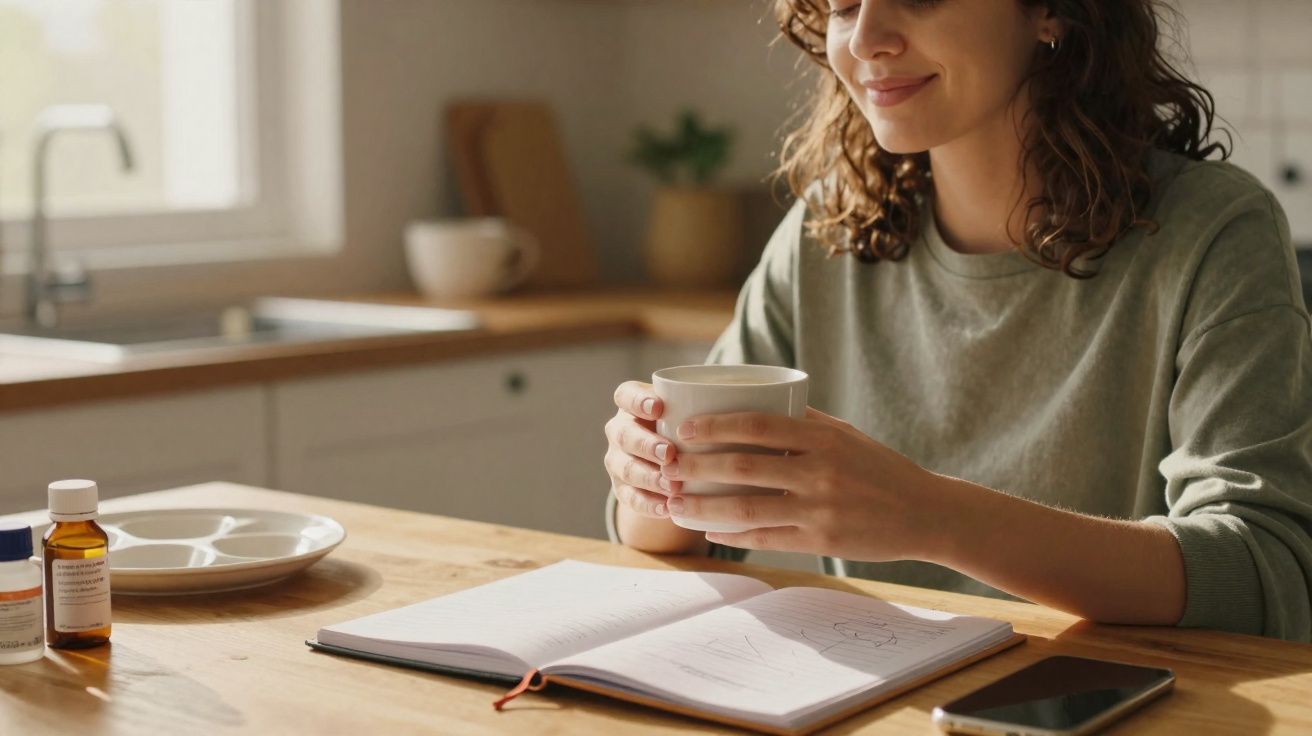 Mulher segurando caneca branca, sentada à mesa com caderno aberto e medicamentos ao lado em cozinha iluminada.