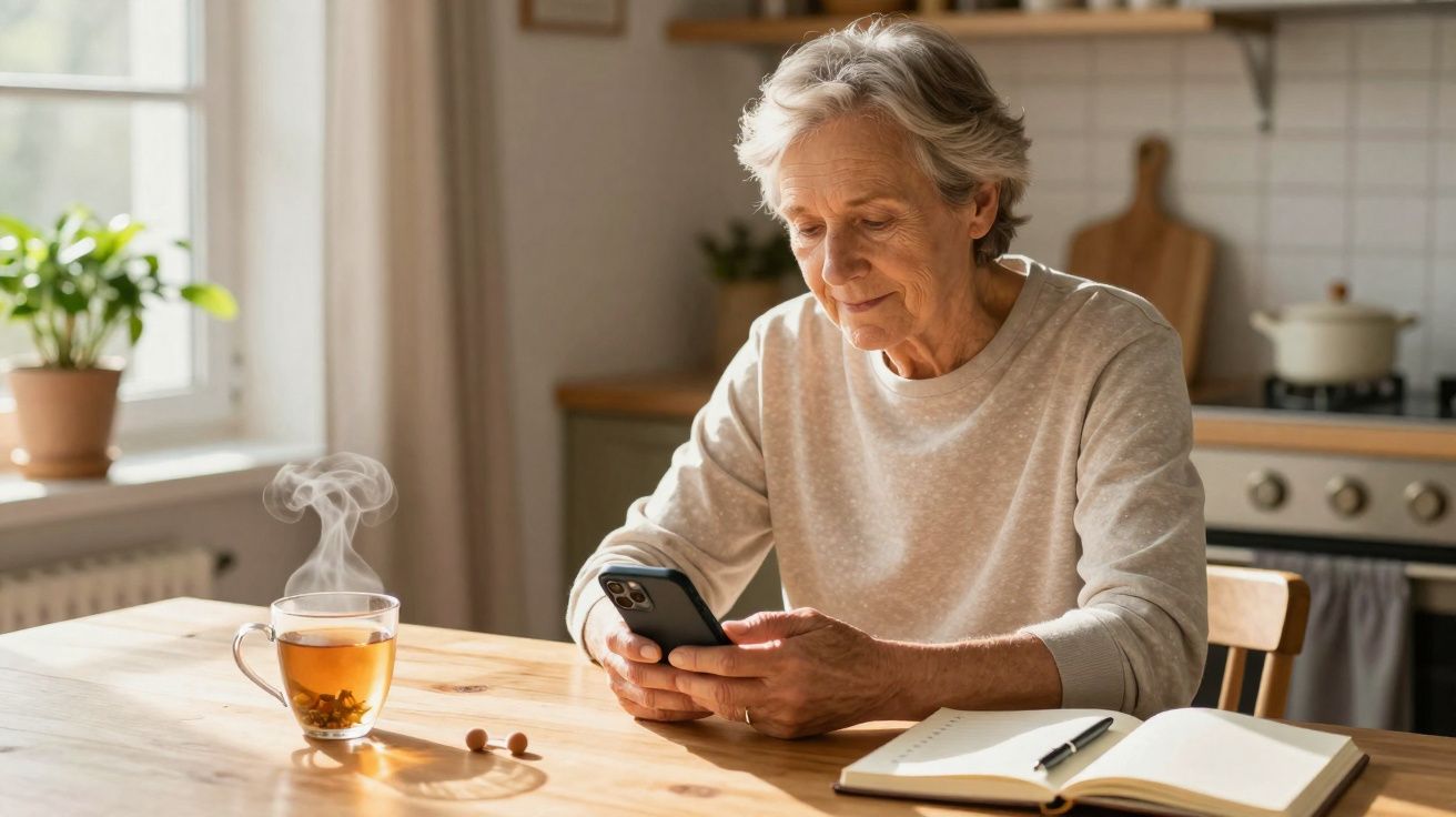 Idosa sentada à mesa com chá, usando celular e com caderno aberto em cozinha iluminada.