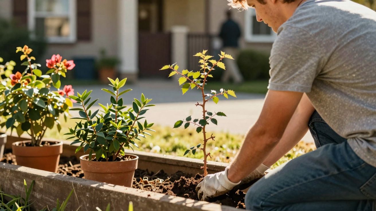Homem plantando muda em jardim com vasos de plantas ao lado em área externa urbana.