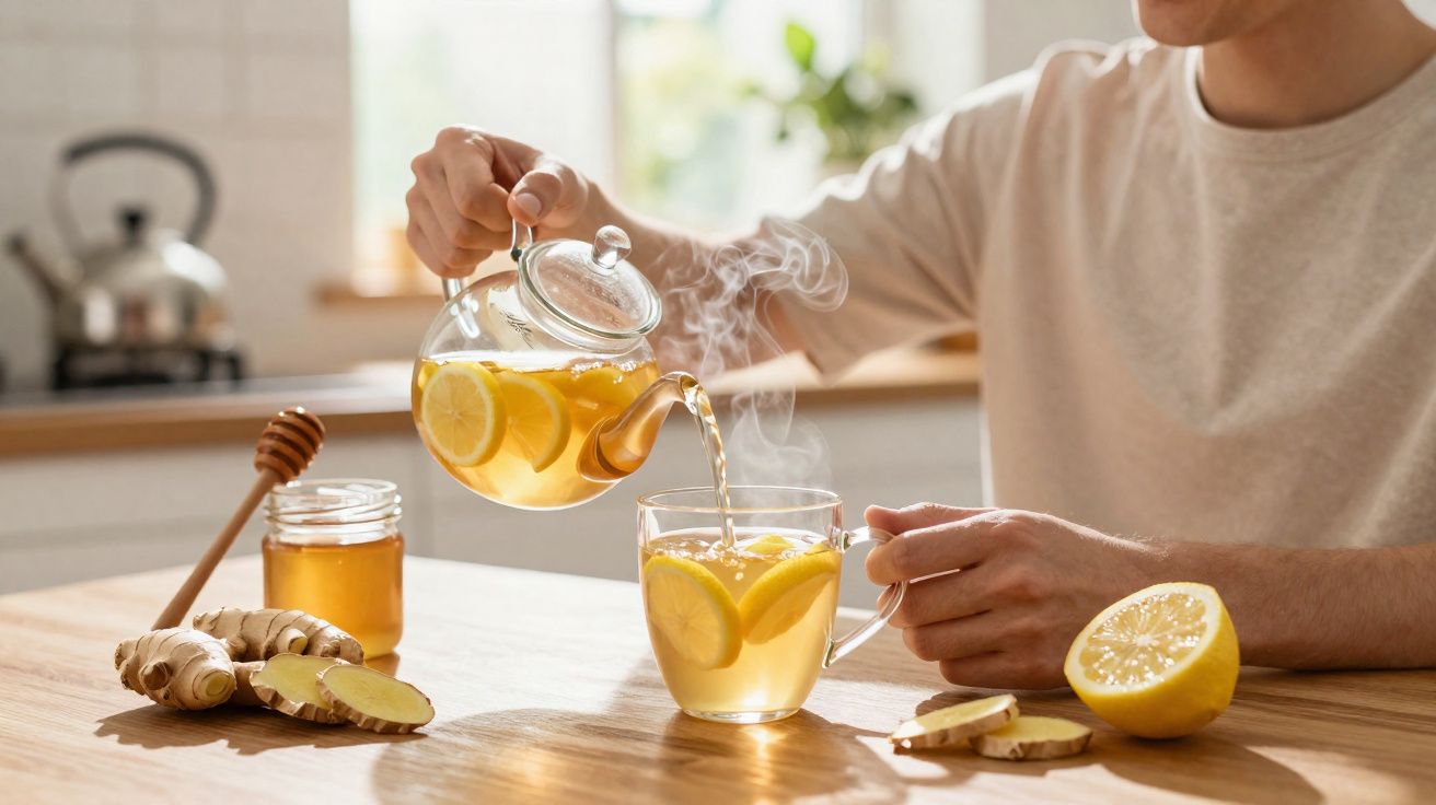Pessoa servindo chá de limão quente com gengibre e mel em xícara de vidro na cozinha.