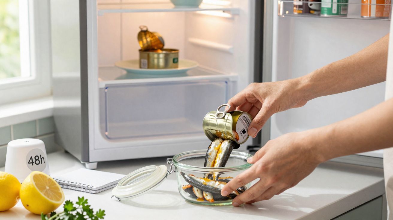 Pessoa despejando sardinhas enlatadas em vidro transparente ao lado de geladeira aberta e limões na bancada branca.