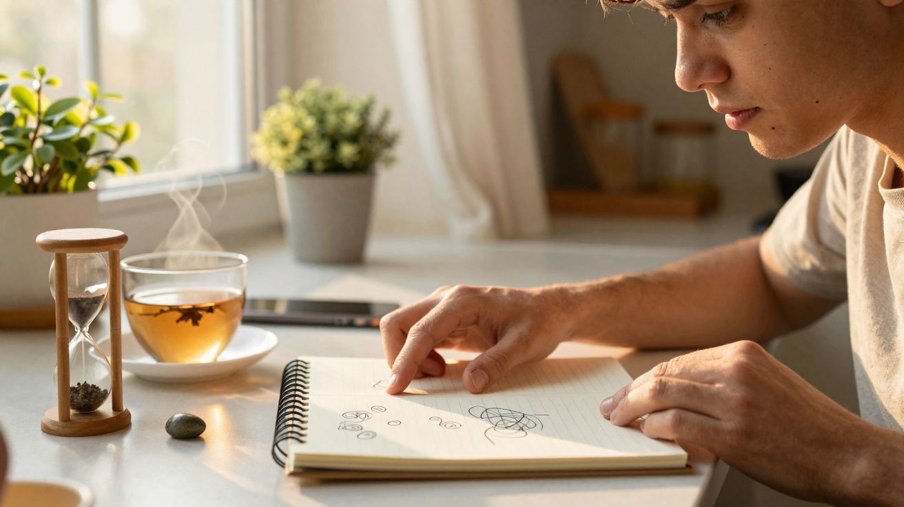 Jovem desenhando em caderno próximo a chá quente, ampulheta e plantas junto a janela.
