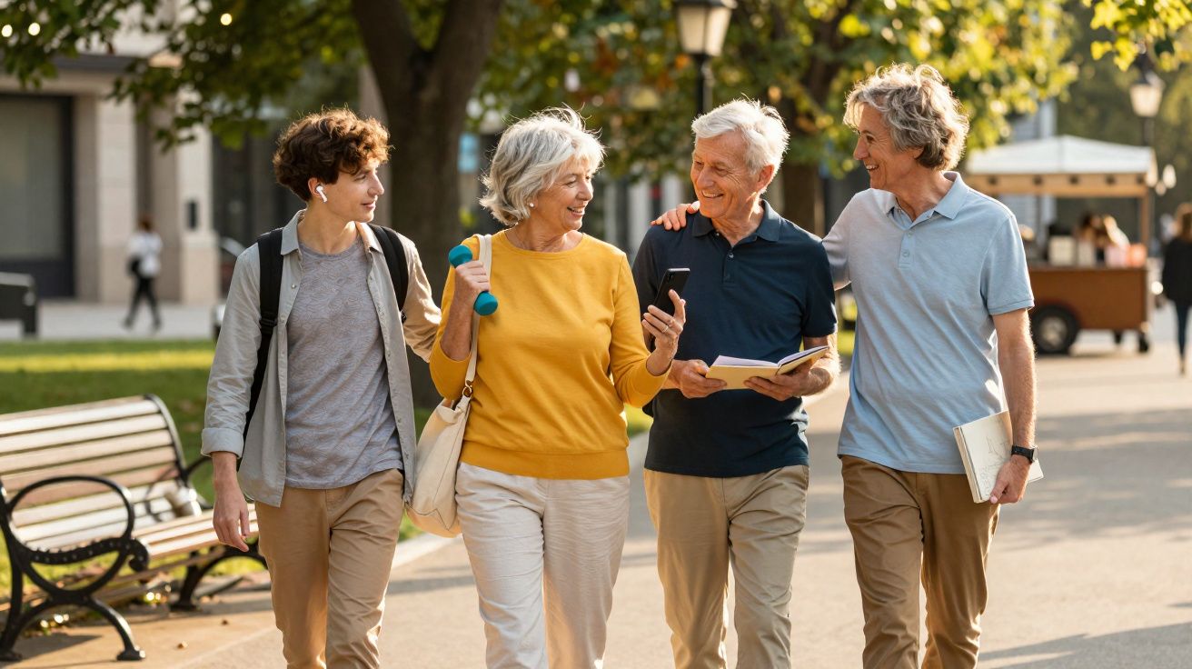 Grupo de quatro pessoas caminhando no parque, conversando e sorrindo em dia ensolarado.