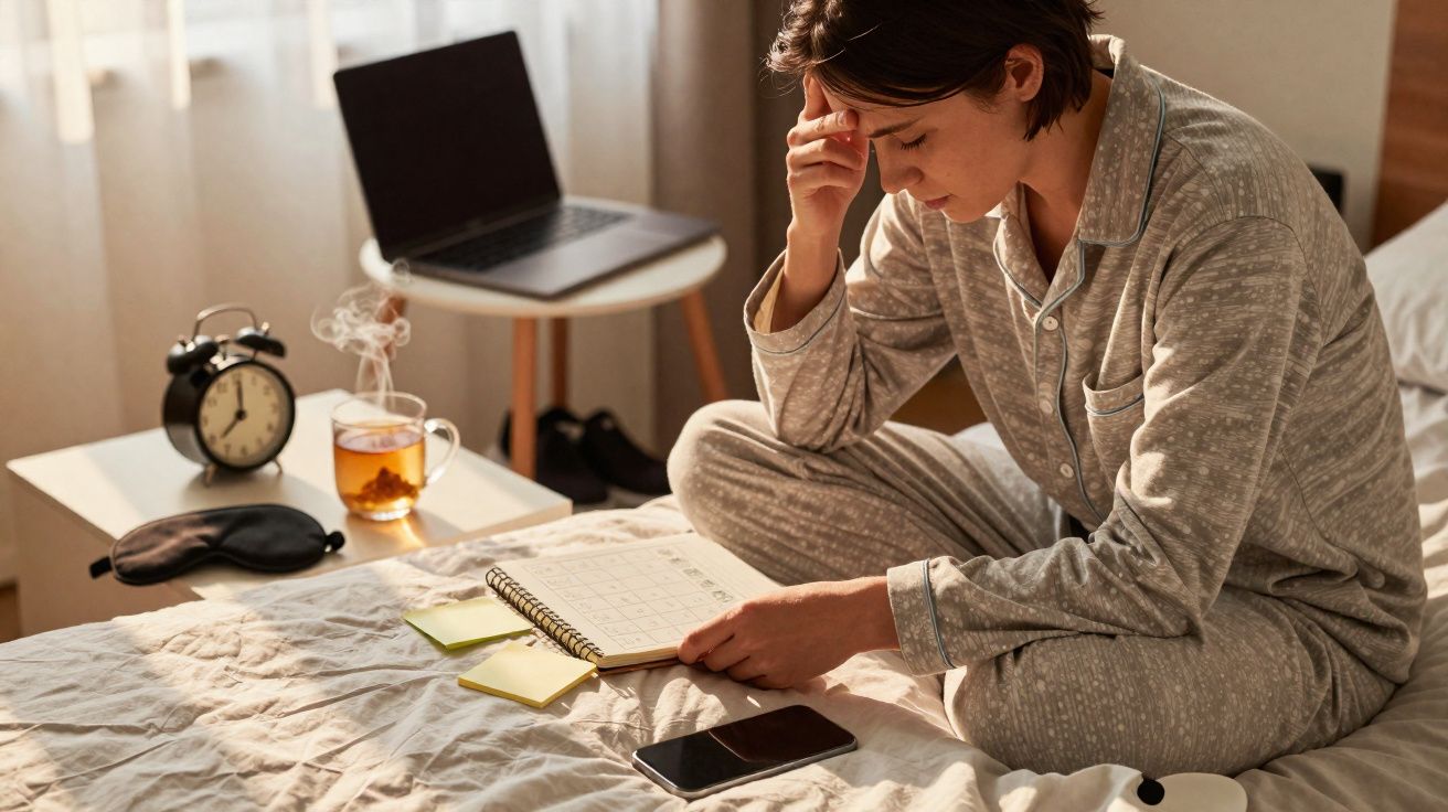 Mulher em pijama sentada na cama, lendo um caderno, com laptop e chá ao fundo.