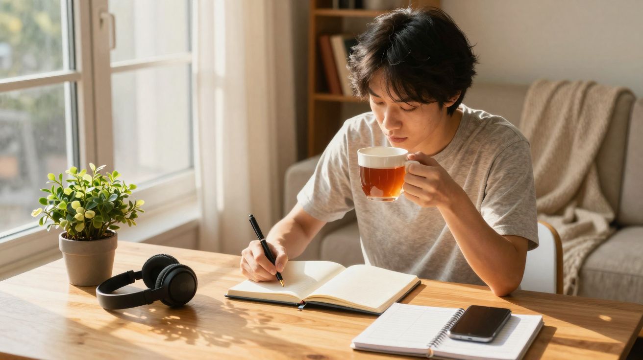 Jovem sentado à mesa escrevendo em caderno com uma mão e segurando xícara de chá na outra.