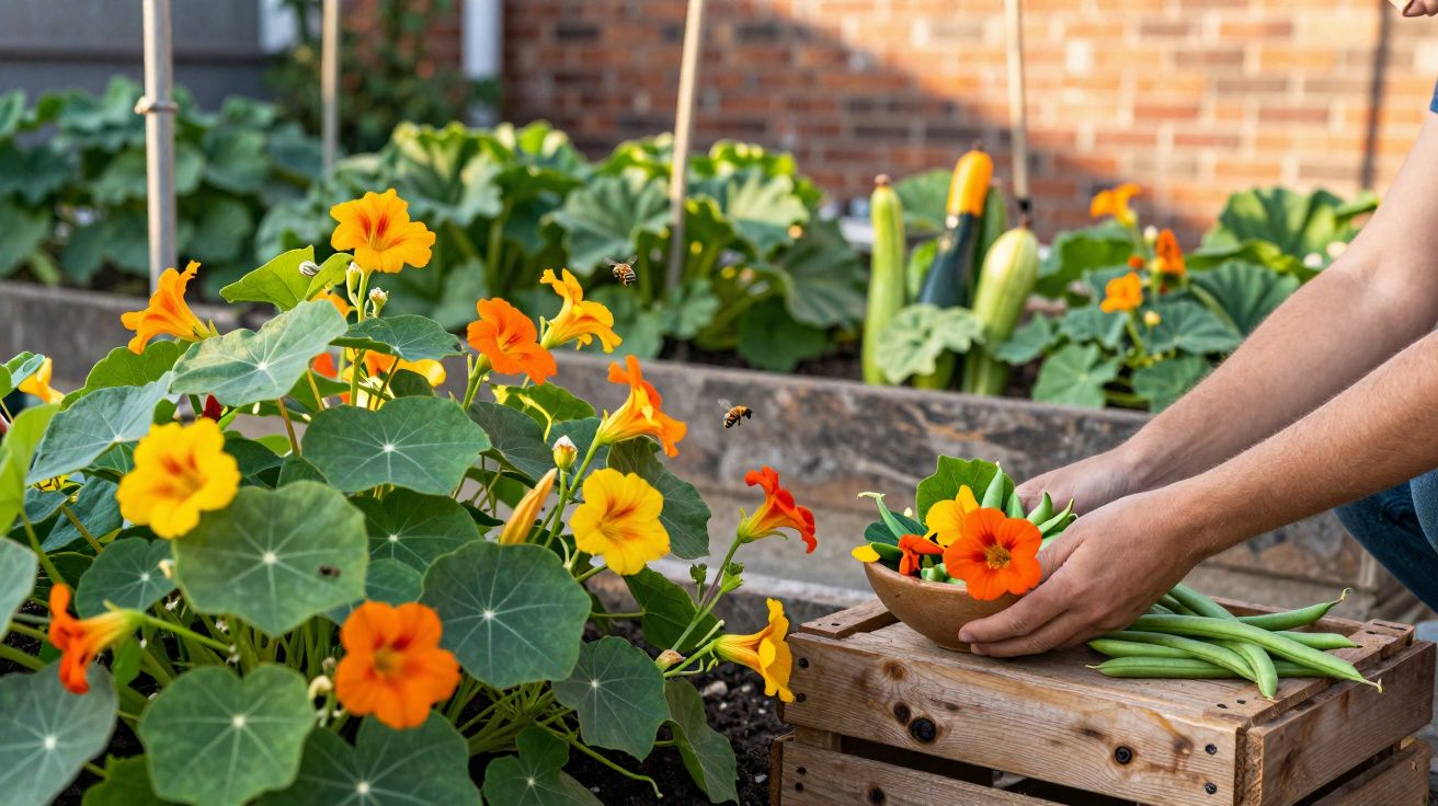 Pessoa colhendo flores laranjas e vegetais em uma horta com abobrinhas ao fundo.