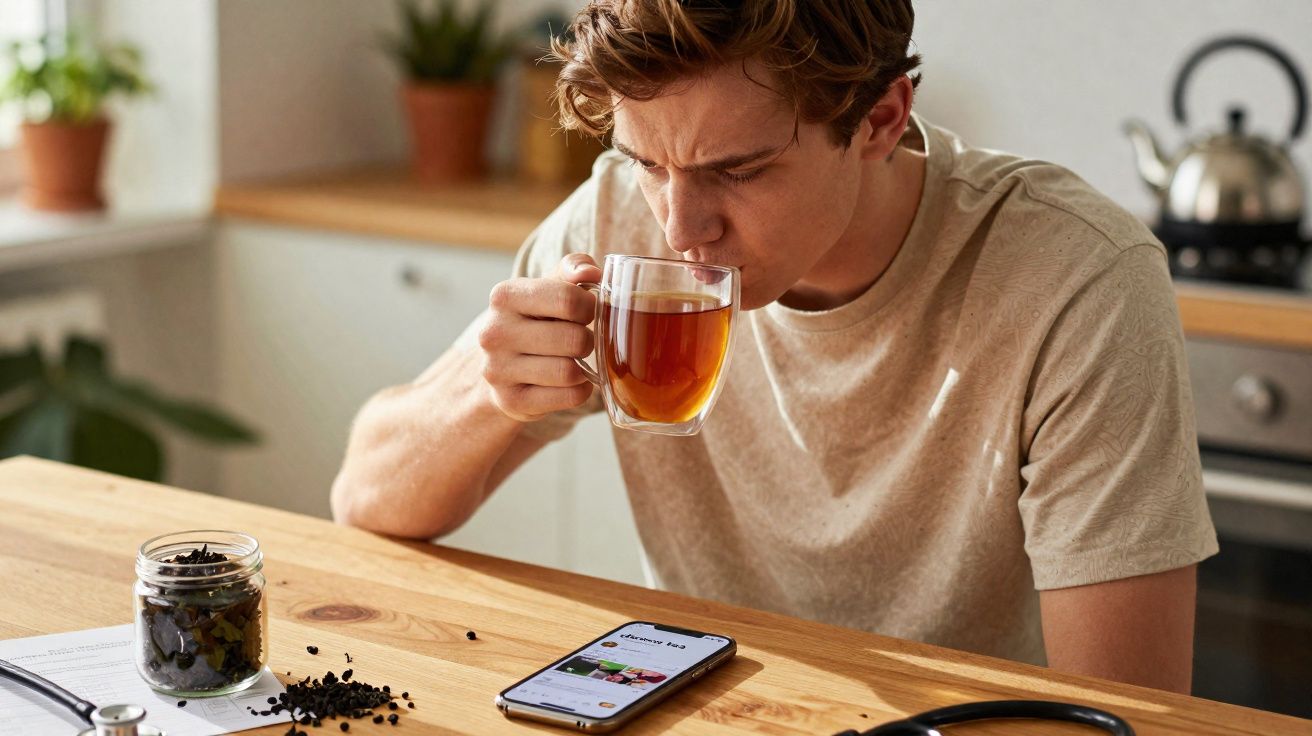 Homem tomando chá em copo transparente sentado à mesa com celular e pote de folhas secas.