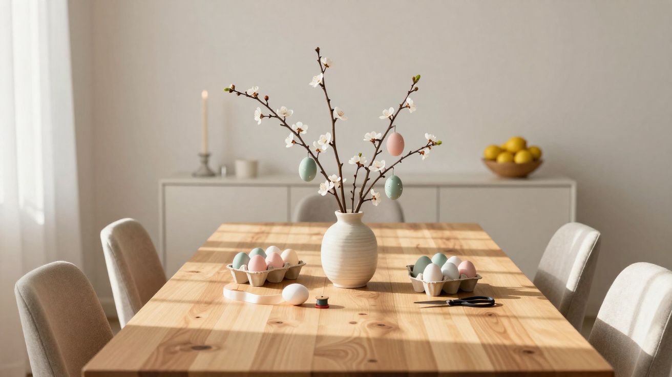 Mesa de madeira com vasos e galhos decorados com ovos de Páscoa, ao fundo cômoda com frutas e velas.