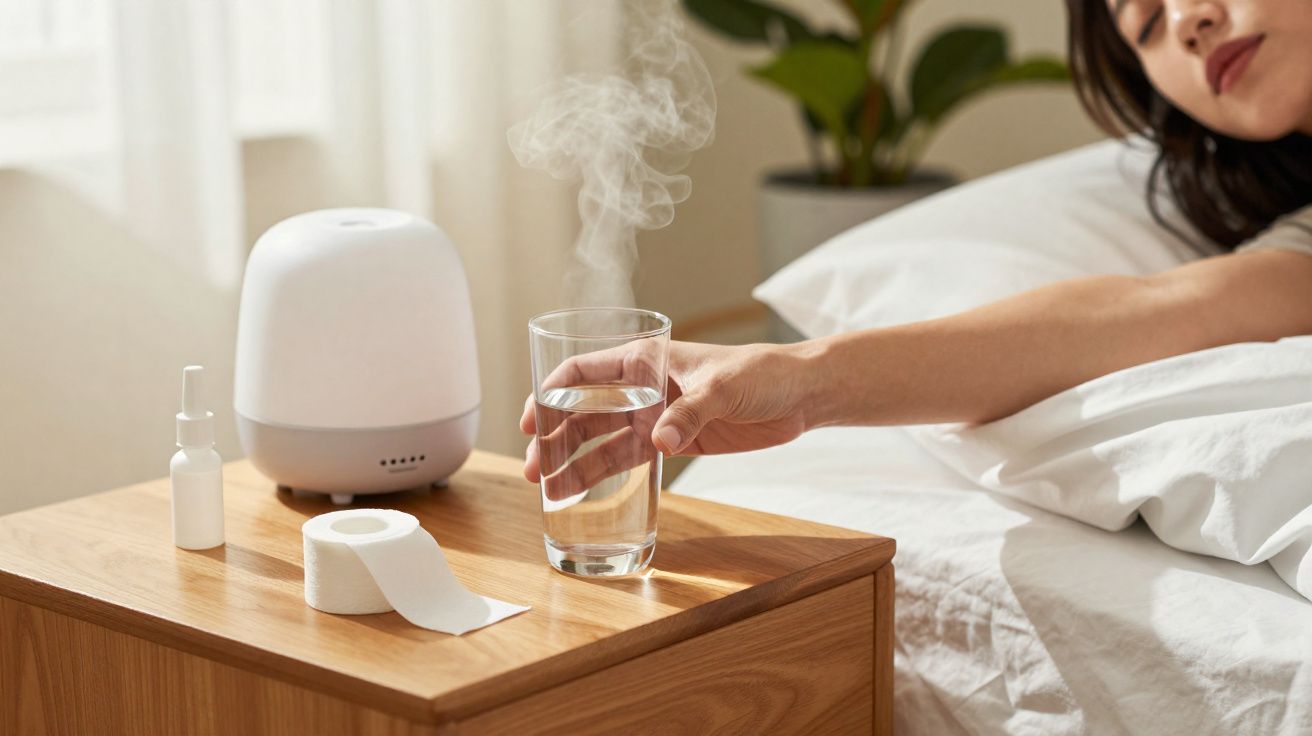 Pessoa na cama alcançando copo de água com vapores ao lado de difusor e lenço sobre criado-mudo.
