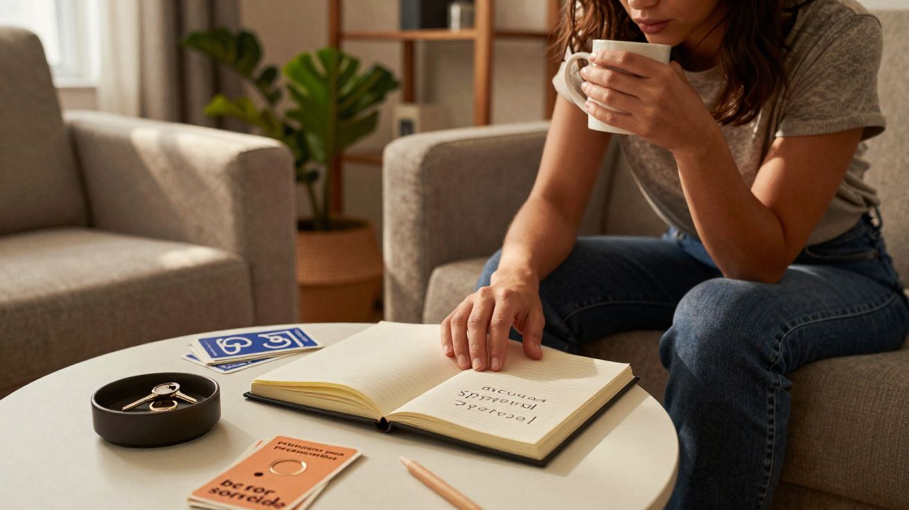 Mulher sentada lendo livro aberto e segurando xícara, mesa com livro, chaveiro e caderneta.