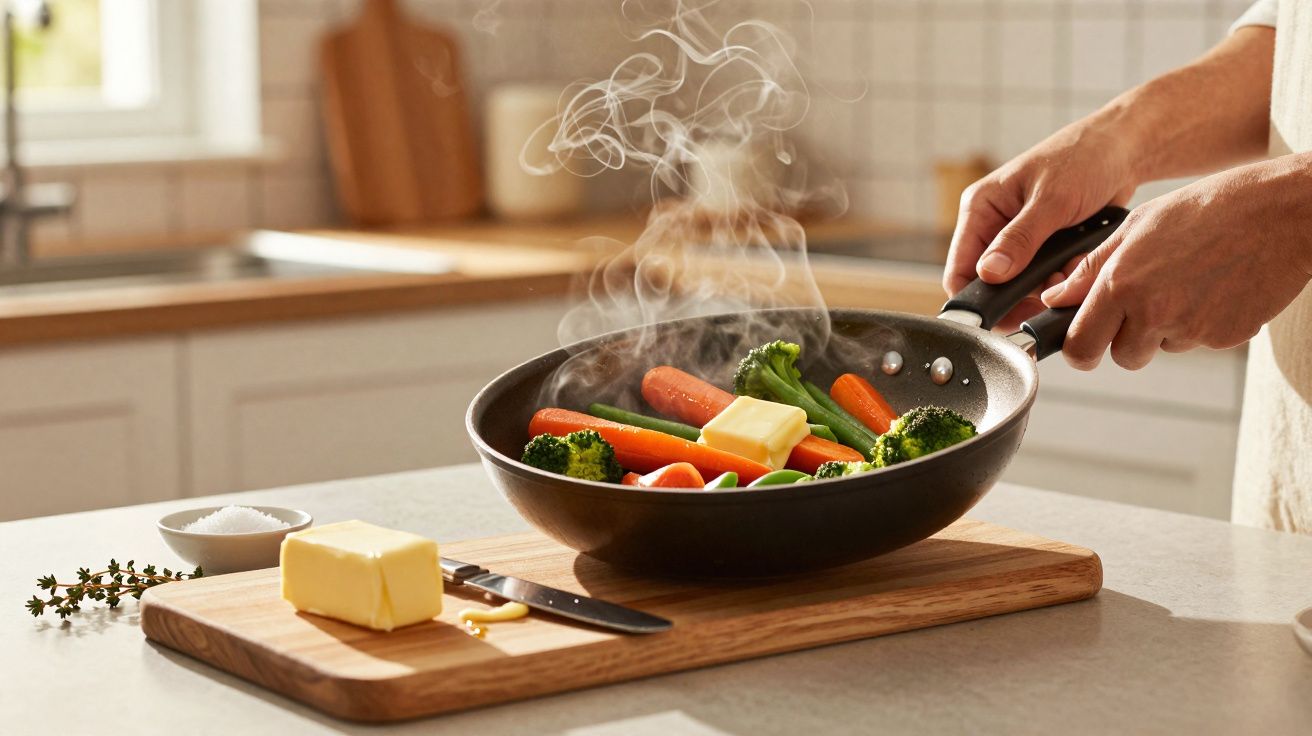 Pessoa segurando frigideira com legumes cozinhando e manteiga derretendo em cozinha iluminada.