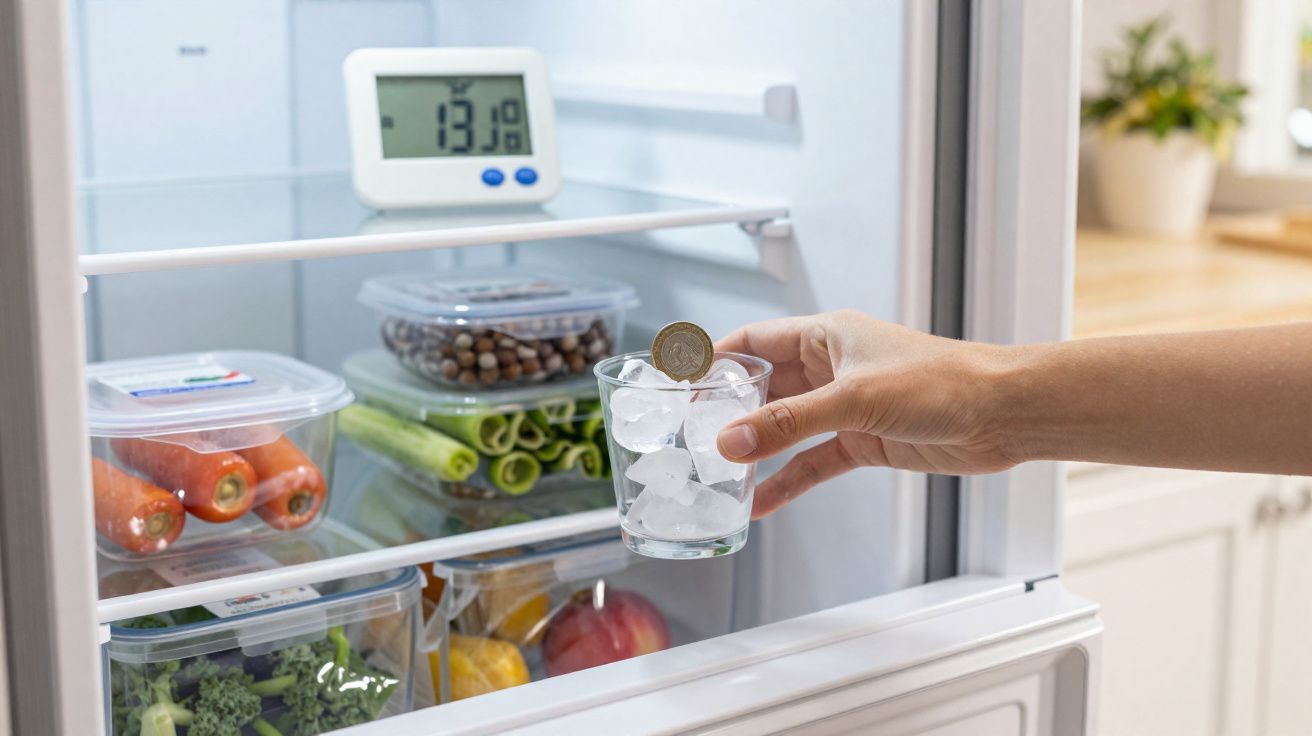 Mão colocando moeda em copo com gelo dentro de geladeira com vegetais e termômetro interno.