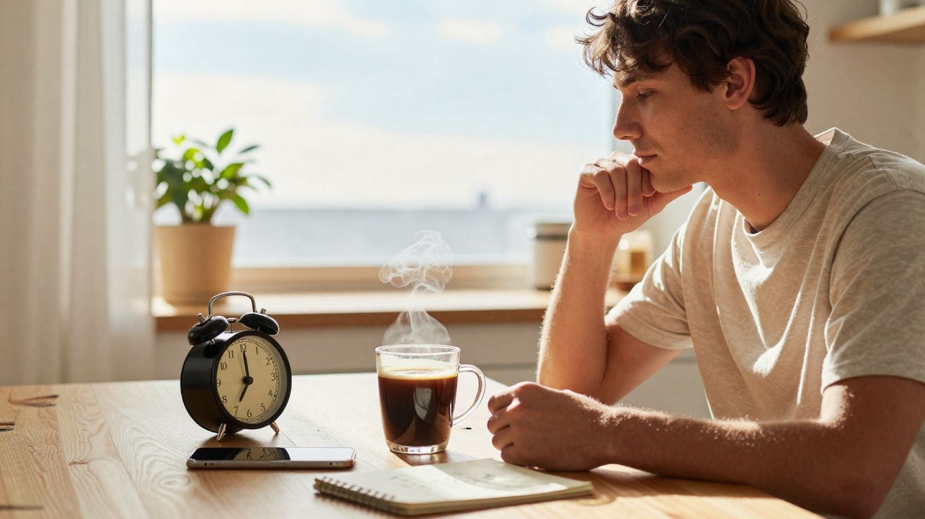 Homem pensativo sentado à mesa com café quente, despertador e caderno em ambiente iluminado.
