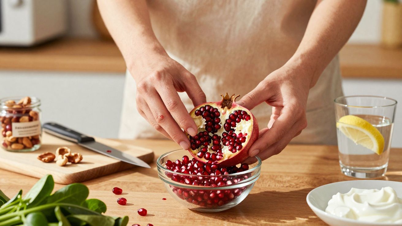 Pessoa retirando sementes de romã em uma tigela de vidro sobre bancada de madeira na cozinha.