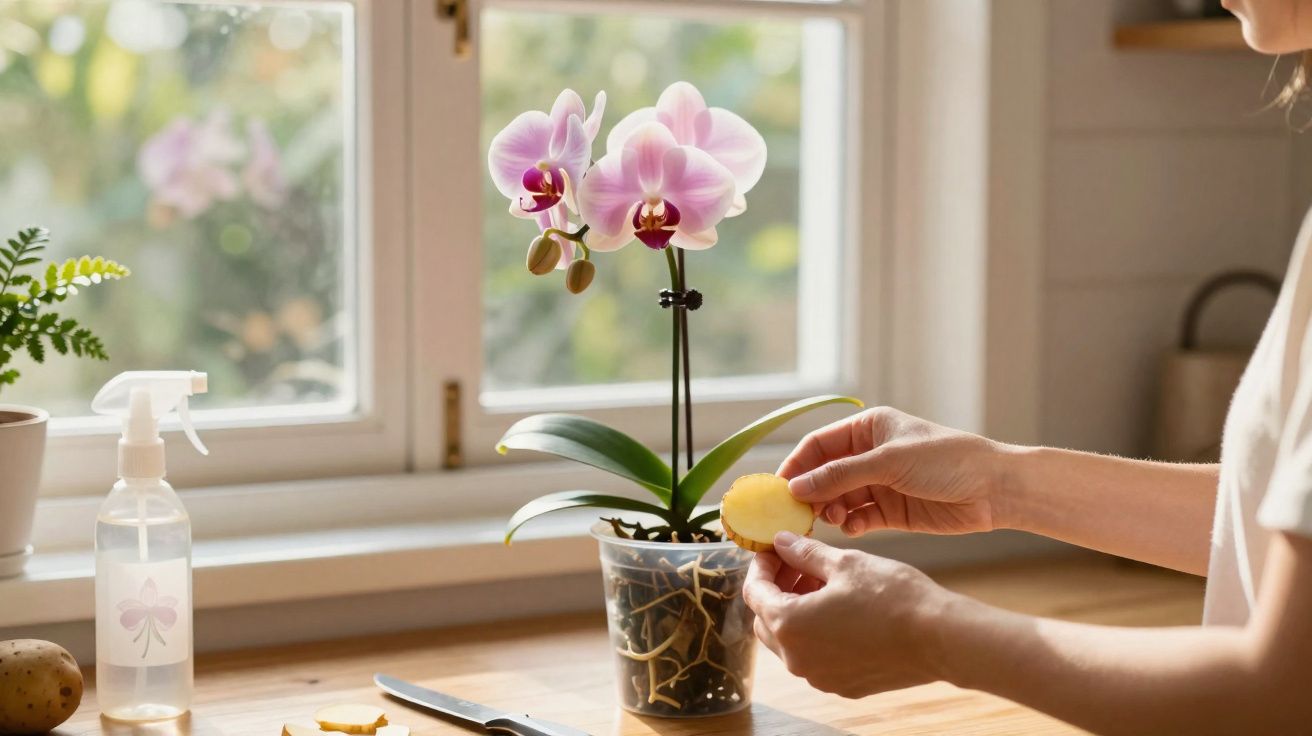 Pessoa cuidando de orquídea rosa ao lado de janela, com spray e batata sobre bancada de madeira.